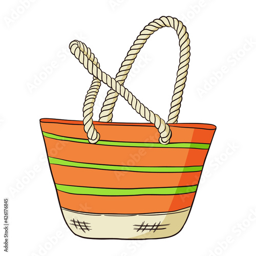 Hand Drawn Orange, Green and Yellow Striped Beach Bag
Women Orange, Green and Yellow bag Isolated Vector Illustration on white background. Flat style summer colourful women bag