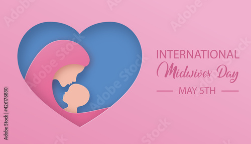 International Midwives Day. Female doctor holds a newborn baby on heart shaped background. Greeting card to the midwife. Design for banner. Vector illustration in 3d paper cut art style.