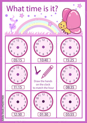 Kids game for learning time clock. Education children worksheet with butterfly. Activity page. Vector illustration.
