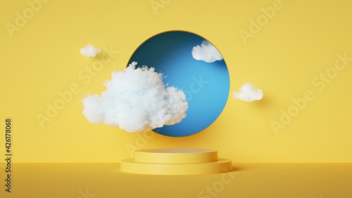 3d render, abstract sunny yellow background with white clouds and blue round hole. Simple geometric showcase scene with empty podium for product presentation