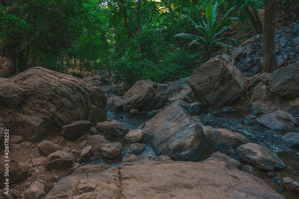 Fototapeta premium The wild landscape of a rivers with rocks. The river flows through the fall of the Velo de Novia waterfall. View of the rocks of the forest river in the ecological park 