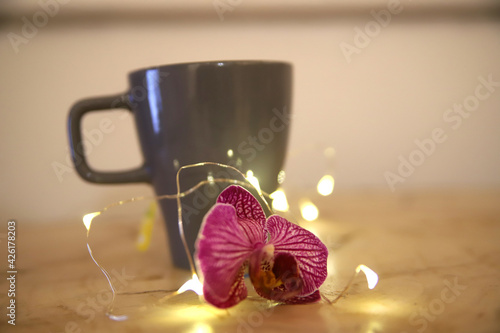 Kwiat na tle kubka z kawą