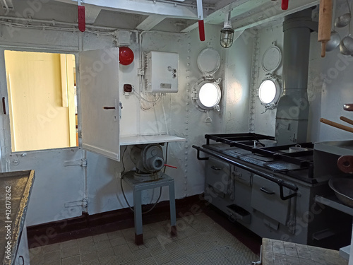 Gdansk, Poland: Kitchen area inside the SS Soldek ship tranportation, part of the Polish Maritime Museum in Gdansk located in Central Europe near baltic sea photo