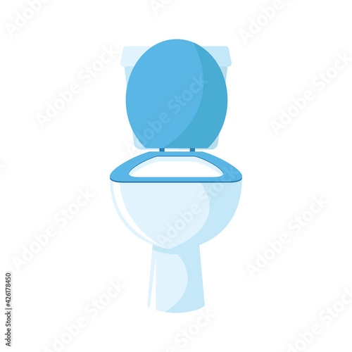 White ceramic toilet bowl, with a bright blue seat, open lid, isolated on a white background. Modern toilet set in a flat style. Bathroom interior element. Vector illustration