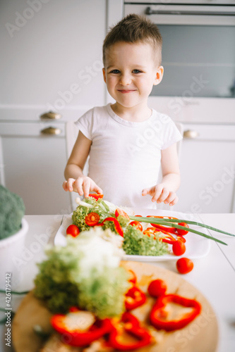 Cute boy preparing a salad of fresh vegetables. Boy preparing a salad for his mother