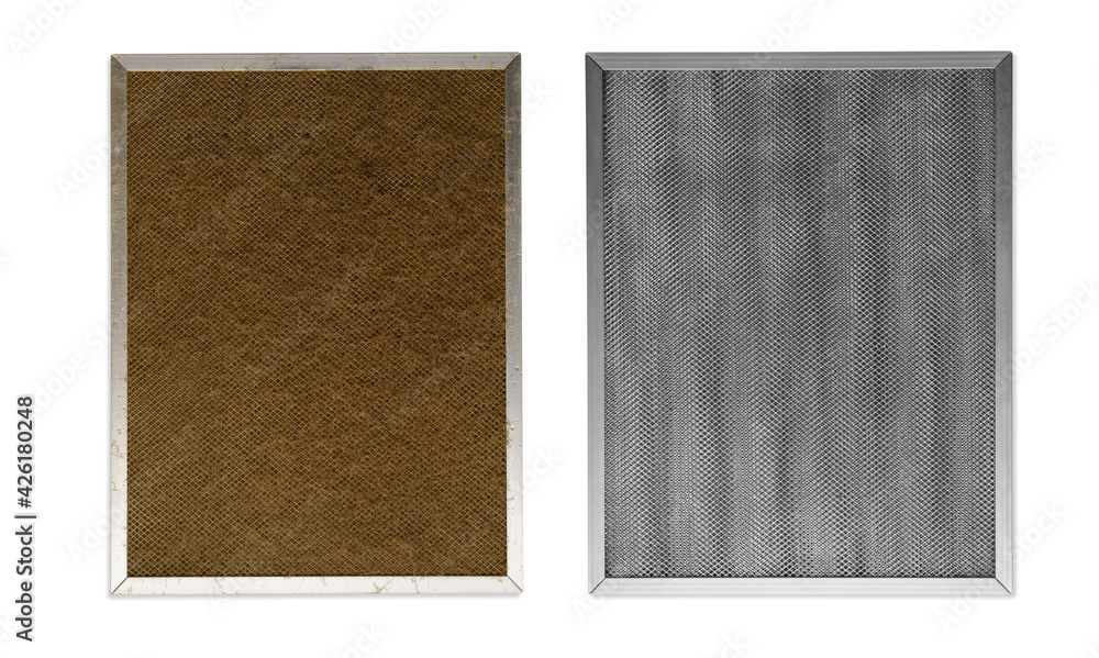 Fototapeta premium before and after cleaning of kitchen extractor aluminum filter covered with dirt isolated on white background