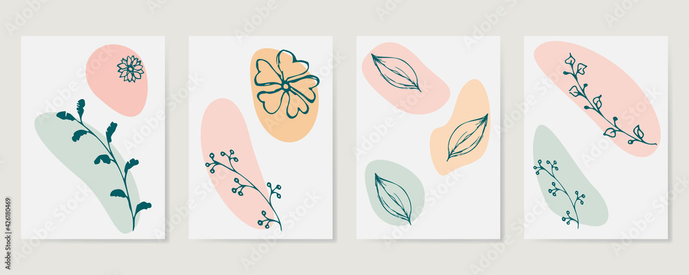 Contemporary Hand drawn Vector illustrations. Various Leaves and Flowers, abstract shapes. Ink painting style. Continuous line, minimalistic elegant concept. Vector illustration