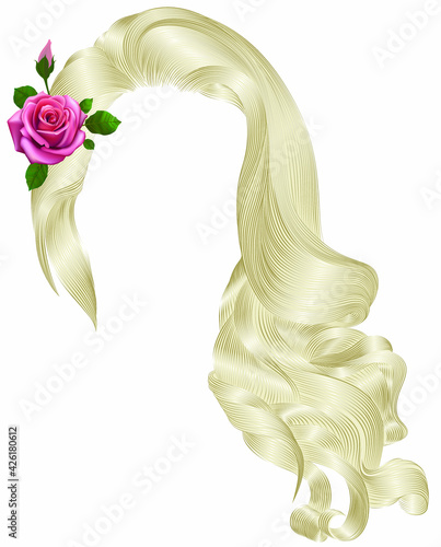 woman long curly hairs with flower.pink rose. blonde colors.
retro style. beauty fashion. realistic 3d.