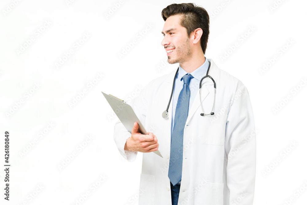 Medical specialist talking with a patient about his medical form Medical specialist talking with a patient about his medical form