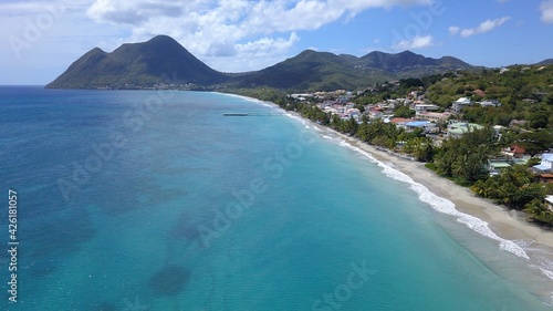 Black sand beach, aerial view in Martinique