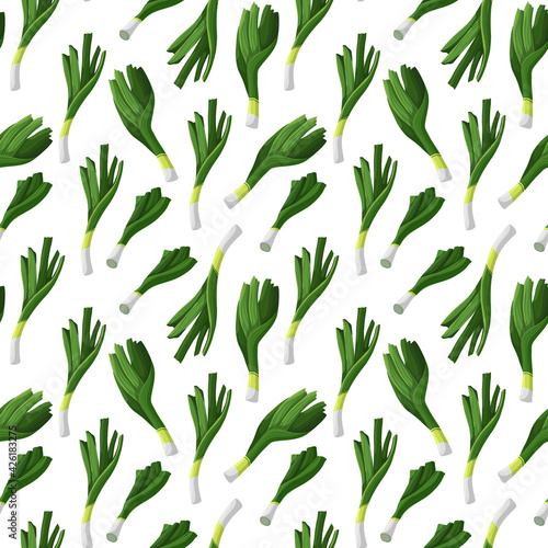 Seamless pattern with green leeks. Vector illustration isolated on white background. Cute repeating pattern for packaging design, textiles, menu design.