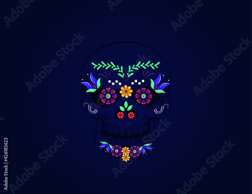 Day of the dead sugar skull with a floral pattern on a dark blue background.