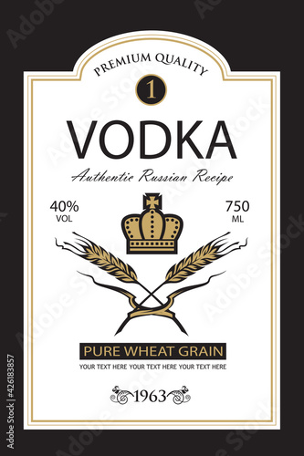 template vodka label with royal crown and ears of wheat in retro style