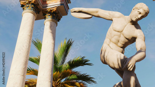 Realistic 3D illustration of a discobolus statue with Greco-Roman columns and palm trees in the background