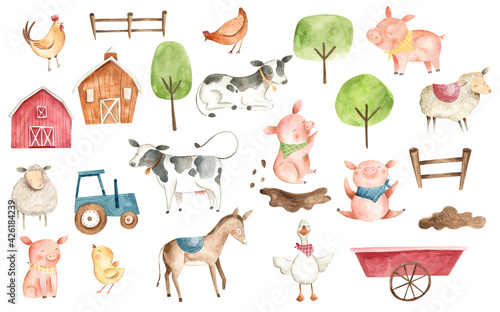Watercolor animals Farm illustration pig cow chicken duck donkey 