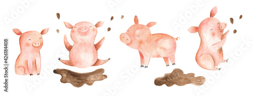 Photography Watercolor animals Farm illustration pigs playing in mud