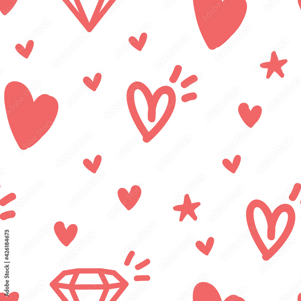 Hearts, stars, crowns and diamond doodles seamless pattern. Cute hand drawn background texture. Hearts, stars, crowns and diamond doodles seamless pattern. Cute hand drawn background texture.