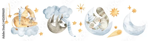 Panel kuchenny z motywem Watercolor animals baby sleeping nursery Giraffe sloth squirrel boys blue