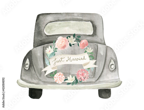 Watercolor wedding  just married car boho floral illustration