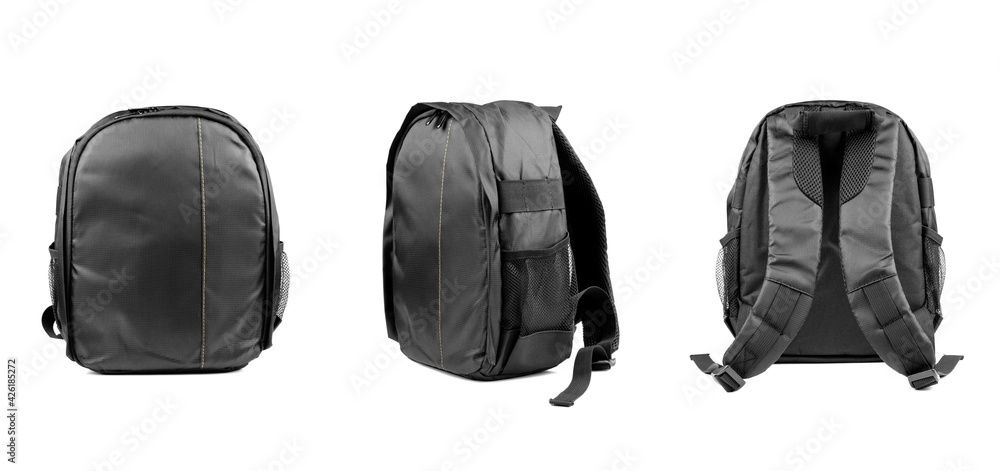 Black camera backpack isolated on white background, back view, front view, side view Black camera backpack isolated on white background, back view, front view, side view
