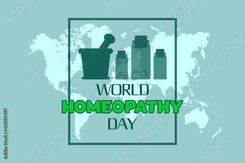 World Homeopathy day vector background design. Global map background and with homeopathy liquid bottle.