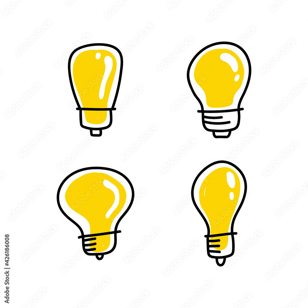 Idea icon doodle. Lightbulb illustration set. Hand drawn electric lamp. Idea icon doodle. Lightbulb illustration set. Hand drawn electric lamp.