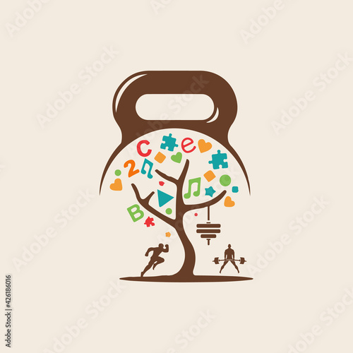 Play Therapy with dumbbell and fitness icon vector logo design.