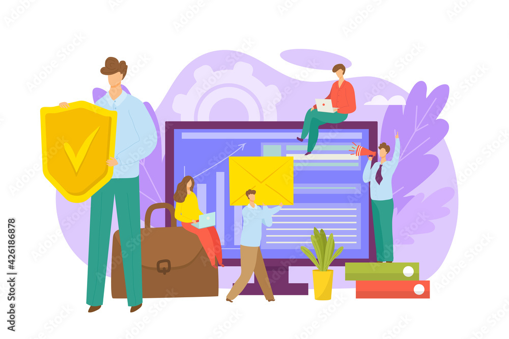 Crisis economy management for business company success concept, vector illustration. Businessman woman people character work with big computer