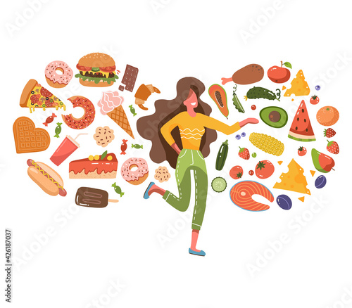 Cute woman confused about choosing healthy or unhealthy foods. Fast food vs healthy food menu. Female character on a diet and healthy food. Flat vector illustration isolated on white background.