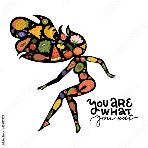 Silhouette of an active woman from healthy food - fish, diary fruits and vegetables. Good fresh food forming female body. Flat vector illustration with Lettering quote - You are what you eat.