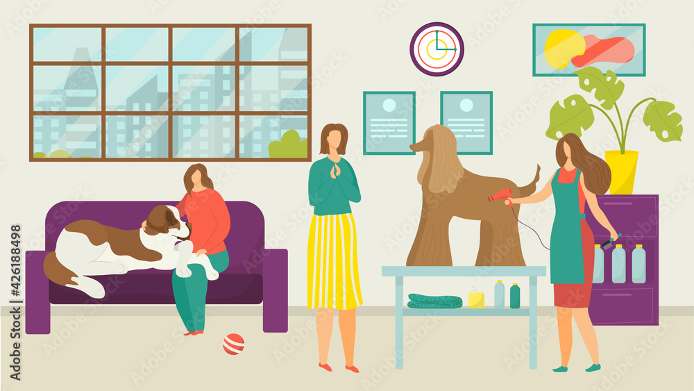 Pet dog grooming, vector illustration. Care about cartoon cute domestic animal in salon, woman groomer character cut dog's hair with scissors Pet dog grooming, vector illustration. Care about cartoon cute domestic animal in salon, woman groomer character cut dog's hair with scissors