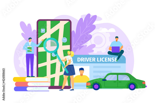 Driver education for flat license, vector illustration. Man woman character get education to drive car transport, smartphone training app.