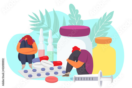 Person with stress problem, flat drug addiction concept, vector illustration. Sad man woman character in depression, addict people despair