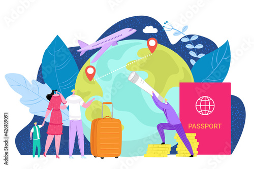 International emigration concept, vector illustration. People character immigration to foreign country, global travel with passport document. photo