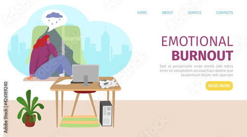 Emotional burnout at remote work, tired woman problem, landing banner vector illustration. Business worker character at cartoon home office.