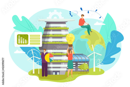 Green economy concept, vector illustration. Business financial growth design, flat people character make eco finance progress. Ecology environment