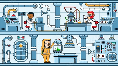 Scientists in biotechnology laboratory are investigating dangerous microorganisms. Team of scientists in research center with experimental equipment. Vector illustration.