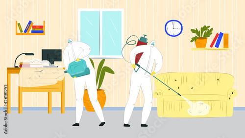 Pest control,chemical spray against bug, vector illustration. Professional worker man in uniform, mask spray pesticide for insect prevenetion © creativeteam