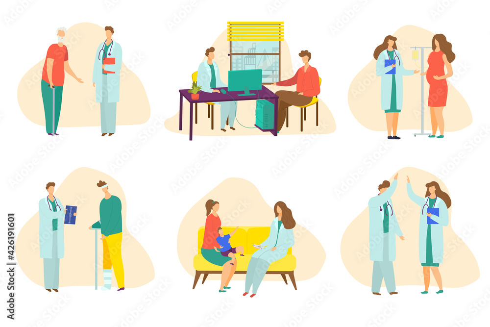 Medicine set, doctor talk with cartoon patient in clinic, vector illustration. Professional health care isolated on white collection. Man woman people