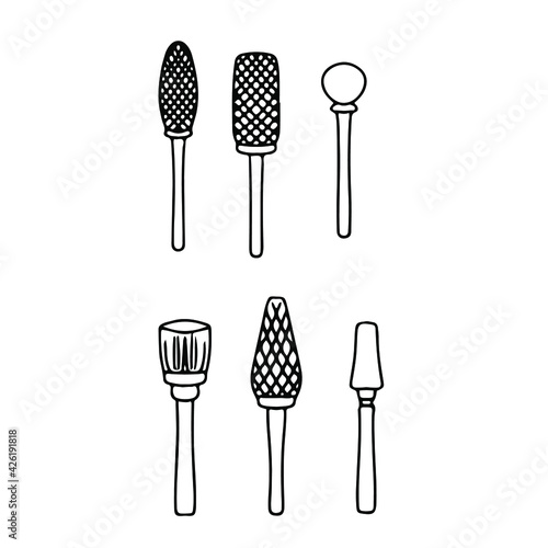 Milling cutter for manicure. Hand-drawn doodles. Hand and nail care. Vector illustration isolated on white background.
