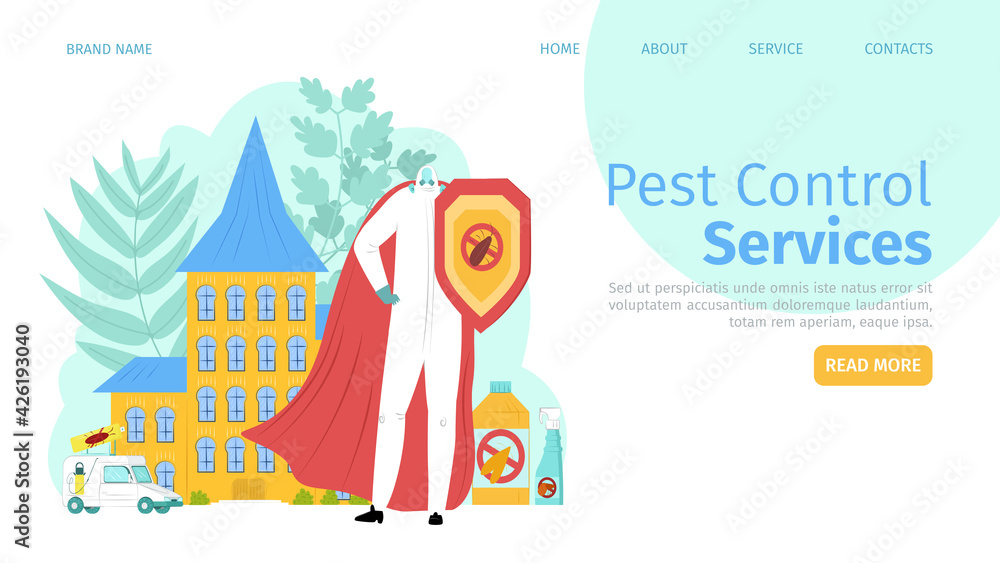 Pest, insect control service, landing banner vector illustration. Cartoon protection, prevention with cartoon toxic insecticide, website. Pest, insect control service, landing banner vector illustration. Cartoon protection, prevention with cartoon toxic insecticide, website.