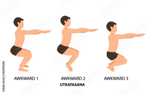 Awkward Poses Set. Man practicing yoga vector illustration. Man doing Awkward Yoga Pose or Utkatasana step by step hand drawing. yoga postures