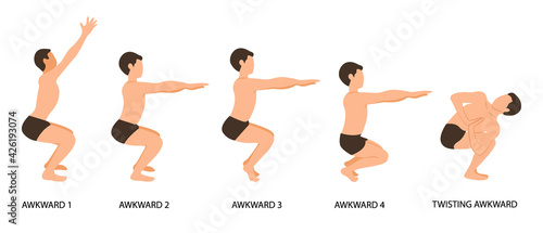 Awkward Poses Set. Man practicing yoga vector illustration. Man doing Awkward Yoga Pose or Utkatasana step by step hand drawing. yoga postures