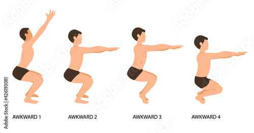 Awkward Poses Set. Man practicing yoga vector illustration. Man doing Awkward Yoga Pose or Utkatasana step by step hand drawing. yoga postures