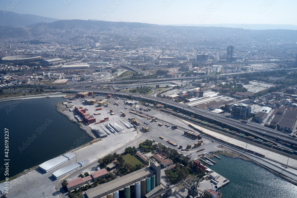 Aerial panoramic view of Izmir city in Turkey.