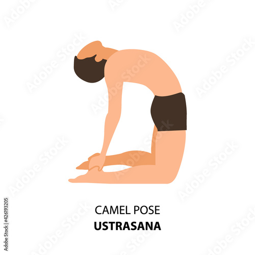 Man practicing yoga pose isolated Vector Illustration. Man standing in Camel Pose or Ustrasana, Yoga Asana icon