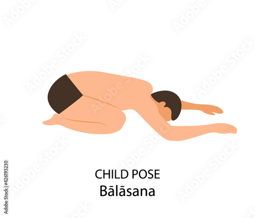 Man practicing yoga pose isolated Vector Illustration. Man standing in Child Pose or Balasana, Yoga Asana icon