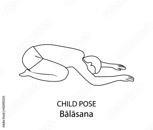 Man practicing yoga pose isolated outline Illustration. Man standing in Child Pose or Balasana pose, Yoga Asana line icon