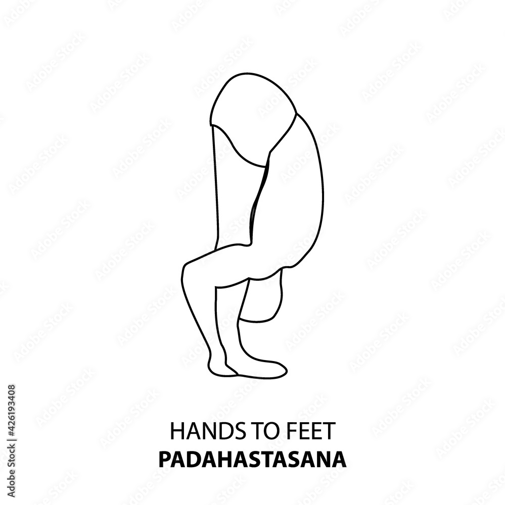 Man practicing yoga pose isolated outline Illustration. Man standing in hands to feet pose, padahastasana, Yoga Asana line icon Man practicing yoga pose isolated outline Illustration. Man standing in hands to feet pose, padahastasana, Yoga Asana line icon