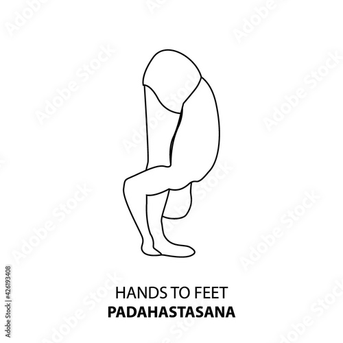 Man practicing yoga pose isolated outline Illustration. Man standing in hands to feet pose, padahastasana, Yoga Asana line icon